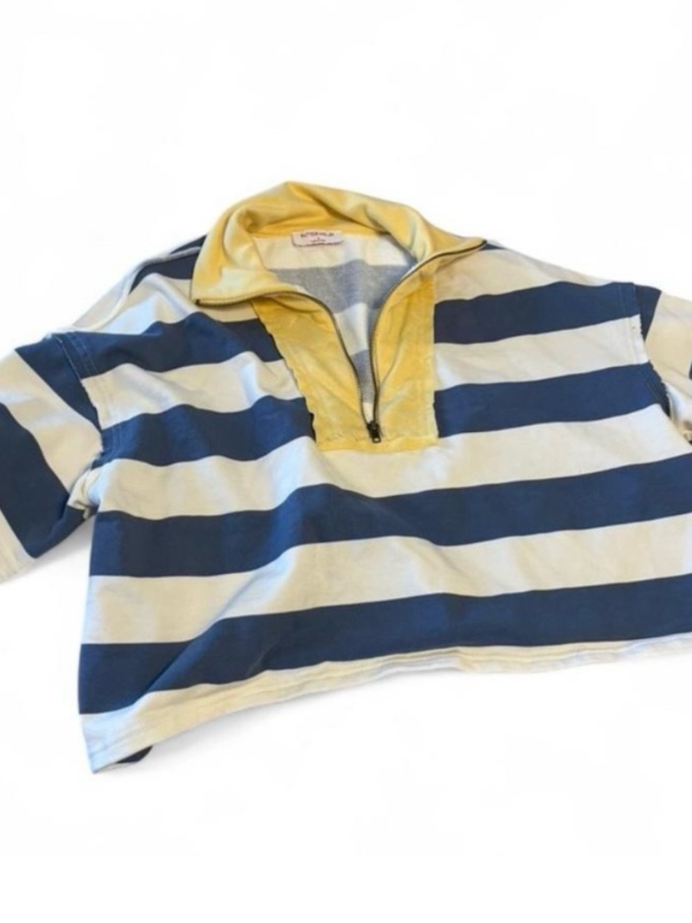 Butter Melons Blue & White Striped Cropped Quarter Zip Hoodie Sz M